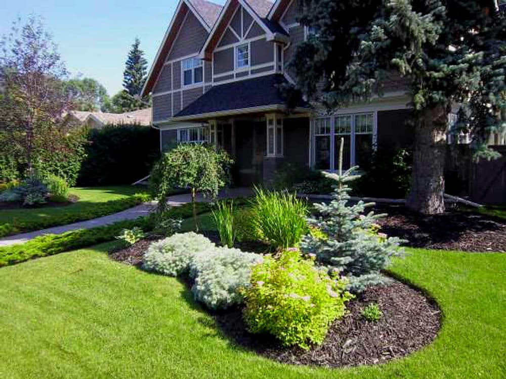 Home with landscaped garden featuring lush greenery and ornamental shrubs.