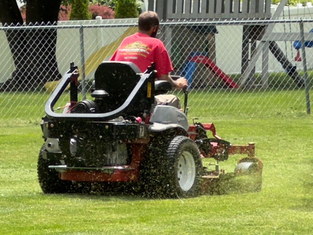 Person using a riding mower to cut grass in a backyard near a playground.