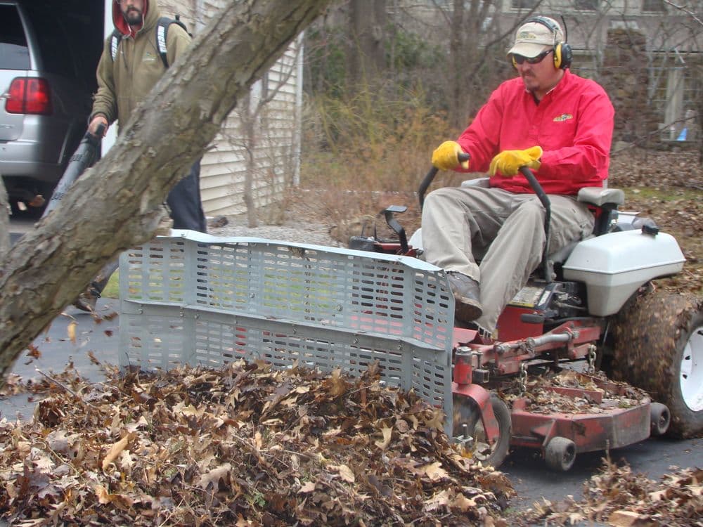 Man using a riding lawn mower to collect leaves in a residential yard.