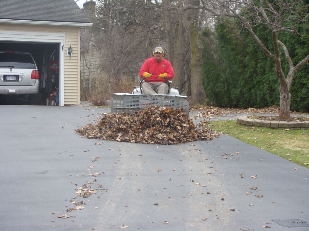 Person using a leaf vacuum to clear leaves from a driveway in an autumn setting.